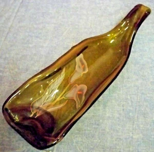 Melted Green Glass Bottle Peace Lily Decal 11 3/4"L Spoonrest Dresser Caddy - Imagen 1 de 4