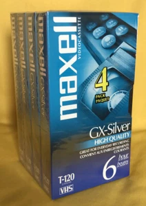 New Sealed 4 Pack Maxell High Quality GX-Silver Blank VHS Tapes 6hrs T-120 - Picture 1 of 2