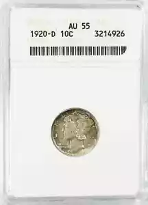 1920 D MERCURY HEAD DIME 10C ANACS CERTIFIED AU 55 ABOUT UNC (926) - Picture 1 of 5