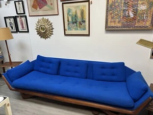 Electric Blue Adrian Pearsall Style Mid Century Walnut Gondola Sofa - Picture 1 of 9