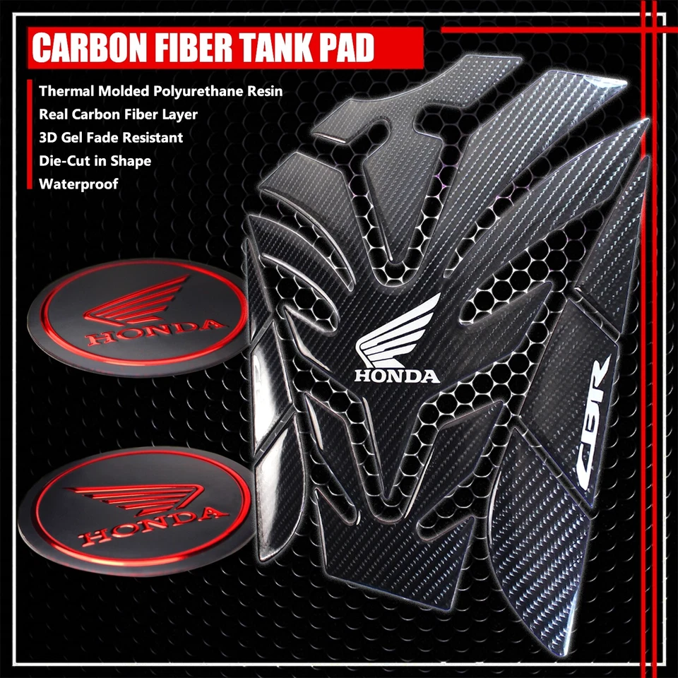 FOR CBR FAIRING/FENDER BADGE CHROMED RED+8"REAL CARBON FIBER FUEL TANK PAD COVER — 第 1/4 张图片