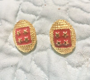 Football Shaped With Stars Earrings Sports Red Gold Tone Bling Earring 1 Inch - Picture 1 of 2