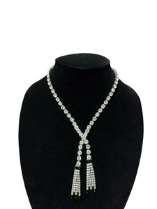 Prong Set Rhinestone Double Tassel Necklace - Picture 1 of 5