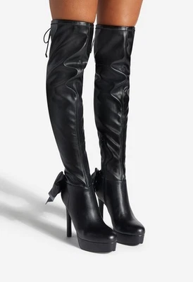 Gerety by SHOEDAZZLE, Black faux leather bow tie 5" platform OTK boots, SZ 6 WC - Image 1 of 4