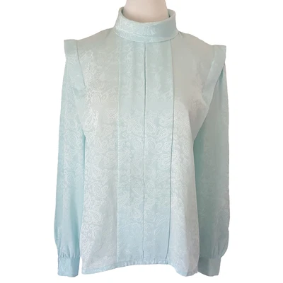 Blusa Top Vintage Cuello Alto Talla 14 Icy Aqua Plisada Frontal Manga Larga Satén Foto 1 de 4