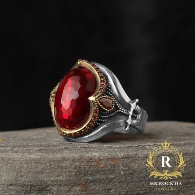 Piedra de circón rojo, estuche con forma de cúpula ovalada, hecho a mano, anillo de plata de ley 925 para hombre Foto 1 de 4