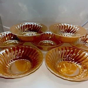 Anchor Hocking Fire King Peach Lustre SwirlDessert Bowls 6” Diameter Set of 7 - Picture 1 of 7