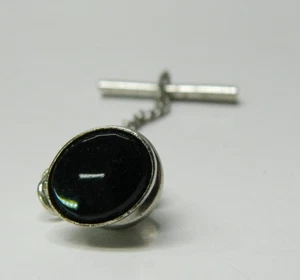 Vintage silver tone oval black stone Tie Tac/Pin - Picture 1 of 2