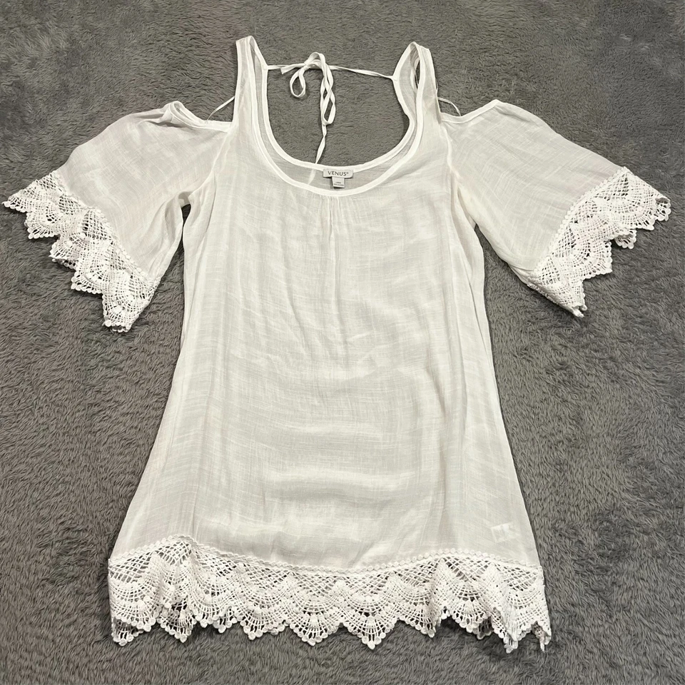 Vestido túnica Venus transparente para mujer L blanco fuera del hombro encaje lazo trasero boho campesino Foto 1 de 4