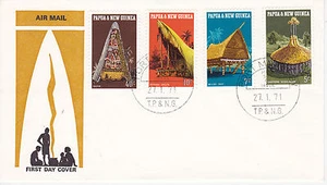 PAPUA NUOVA GUINEA COPERTINA PRIMO GIORNO 1971 ARCHITETTURA LOCALE SCOTT #319-322 PAGLIA - Foto 1 di 1