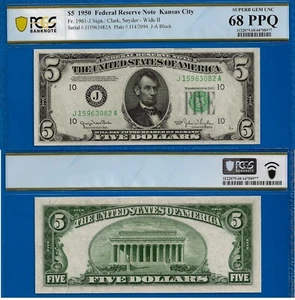 1950 $5 Federal Reserve Note PCGS 68PPQ TOP POP 1/0 highest graded Kansas City - Picture 1 of 4