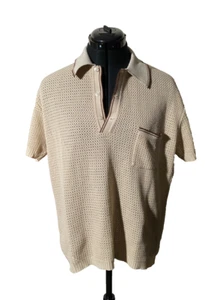 Vintage Trevira Polo Shirt Men Waffle Small Beige Pocket Short Sleeve Size S - Picture 1 of 14