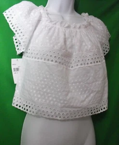 NEW HANKY PANKY 84T591 SIGNATURE WHITE EYELET PEASANT CROP TOP BLOUSE M - Picture 1 of 1