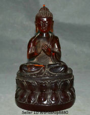 8.4" Old Chinese Red Amber Hand Carving Shakyamuni Amitabha Buddha Lotus Statue