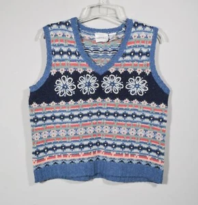 Vintage Fashion Bug Blue Embroidered Boho Festival V Neck Sweater Vest Sz XL - Picture 1 of 3