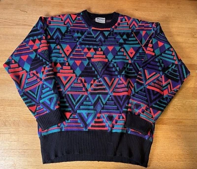 MEISTER Bold Geometric Apres 滑雪针织毛衣男式 L 多色复古 80 年代 — 第 1/4 张图片