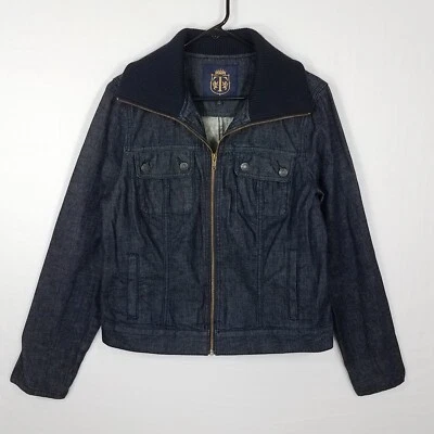 Chaqueta de bombardero de mezclilla Talbots 12 cremallera completa lavado oscuro acanalado cuello tejido mezcla de lana Foto 1 de 4