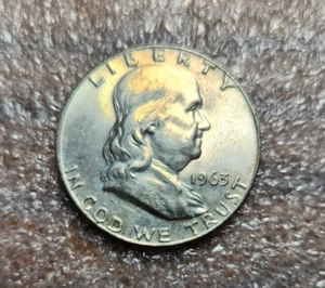 1963-D  FRANLKLIN HALF DOLLAR 90% Silver, Well Toned,  Full Bell Line (FBL) - Foto 1 di 2