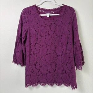 Isaac Mizrahi Live Floral Lace Top Size M Purple Lined 3/4 Bell Sleeve Tunic - Picture 1 of 14