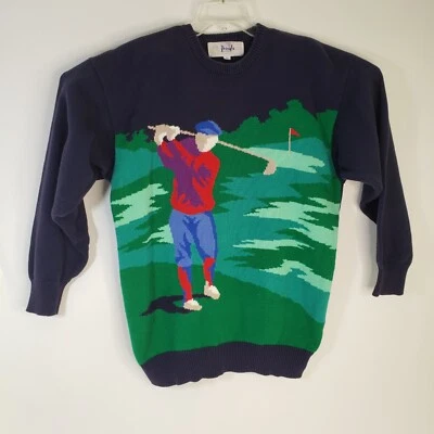 Vtg 90s Pringle of Scotland Blue Cotton Golf Sweater Hand Intarsia Large Graphic - Image 1 of 4