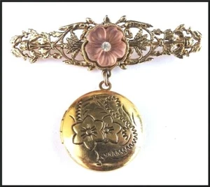 Vintage Locket Pendant Brooch with Pink Glass Flower and Crystal Rhinestone - Picture 1 of 8
