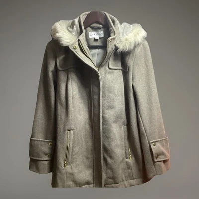 Ava & Viv 女式灰褐色羊毛拉链大衣带人造毛皮帽连帽 X 码 — 第 1/4 张图片