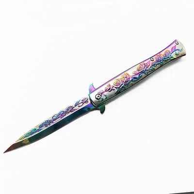 9-inch colorful rose tactical auxiliary blade folding knife - Image 1 of 4