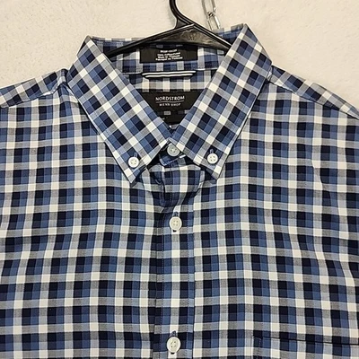 Camisa manga longa xadrez Nordstrom masculina ajuste regular tamanho G azul não ferro cinza - Imagem 1 de 4
