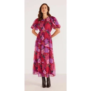 MinkPink Lexi Tiered Midi Dress Floral Womens Size Medium New Pink Purple - Picture 1 of 18