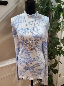 International Concepts Women's Cream & Blue Floral Long Sleeve Top Blouse Size M - Picture 1 of 10