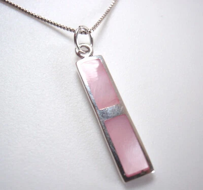 Pink Mother of Pearl 925 Sterling Silver Pendant Long and Slim Rectangle Bar - Image 1 of 2