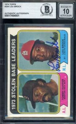 Autógrafo Lou Brock Gem Mint 10 Beckett BAS 1974 Topps 1973 Leaders Foto 1 de 2