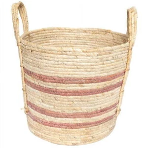 Natural Maize Colored Stripe Woven Basket Large Storage Bins Organizer Bedroom - Picture 1 of 8