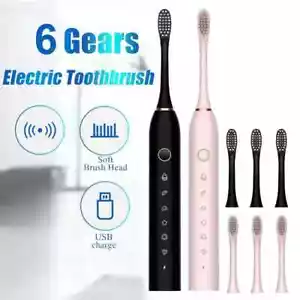 Cepillo de dientes eléctrico sónico 4 cabezales carga USB rosa blanco negro 6 modos temporizador de 2 m - Imagen 1 de 13