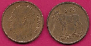 NORWAY 5 ORE 1968 RULER:KING OLAV V,HEAD LEFT,LARGE MOOSE - Picture 1 of 1