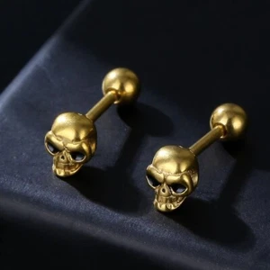 Surgical Steel Gold Small Skull Stud Earrings Punk Rock Jewelry For Men Women - Picture 1 of 2