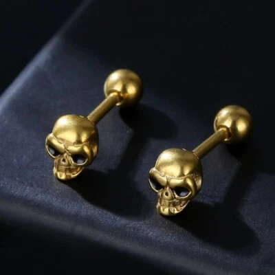 Surgical Steel Gold Small Skull Stud Earrings Punk Rock Jewelry For Men Women - Image 1 of 2