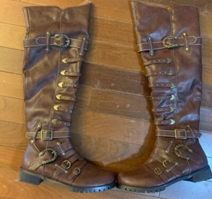 1" Heel Knee High Boots Adult Shoes Halloween 1031 Brown Size S 8/9 Steampunk - Picture 1 of 9