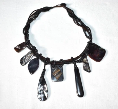 Collar concha de abulón llamativo babero cuelga cuentas de madera cordón de cuero boho Foto 1 de 4