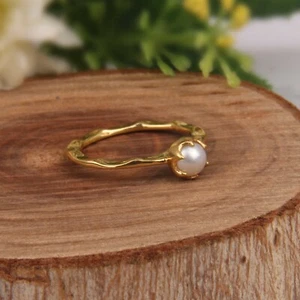 Hammered 18k Gold Plated Thin Pearl Ring 925 Silver Engagement Stackable Ring - Picture 1 of 5