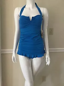 NWT TOMMY BAHAMA Sz6 HALTER V FRONT CUP LONG SHIRRED SWIMSUIT ONE PIECE POSEIDON - Picture 1 of 5