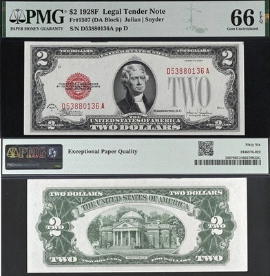1928F $2 Legal Tender PMG 66EPQ - Red Seal US Note - Fr 1507 - Image 1 of 3
