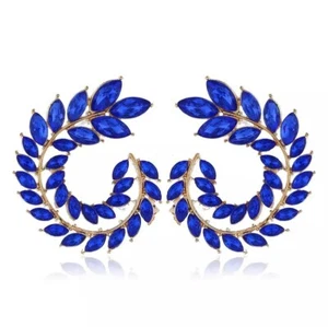 Blue Leaf Geometric Rhinestone Statement Earrings - Big Round Stud Crystal - Picture 1 of 1