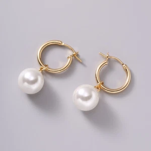 Lady's Elegant 10mm Natural White Shell Pearl Drop Clip Dangle Hoop Earrings - Picture 1 of 6
