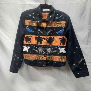 Tunique Black Fall Halloween embroidered ghost cat spider plaid lined Jacket Lg - Picture 1 of 5
