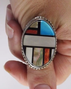 Large Oval MoP, Turquoise, Coral, Paua Shell and Onyx Inlay Stamped Silver Ring - Picture 1 of 8