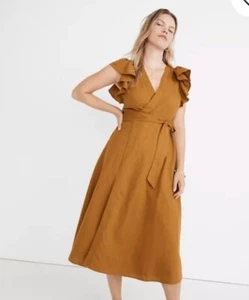 Nuevo con etiquetas Vestido midi envolvente Madewell para mujer mezcla de lino con volantes manga talla mediana - Imagen 1 de 11