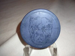 Antique Circa 1900 Pitbull Dog Clay Poker Chip Blue Engraved Rare - Picture 1 of 2