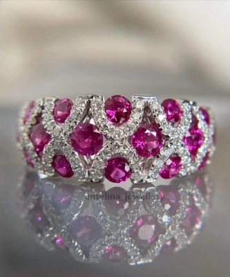 Anillo de compromiso con racimo enchapado en oro blanco de 14 k 4 quilates redondo rubí simulado Foto 1 de 4