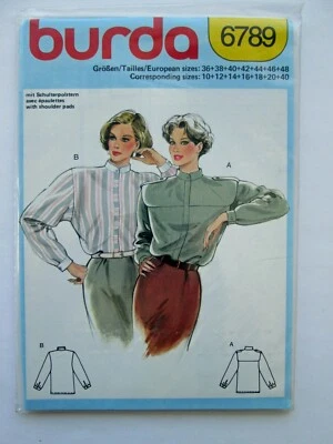 NEW Vintage BURDA Sewing Pattern Shirt Blouse Sailor Shoulder Pads High 80s 6789 - Image 1 of 2